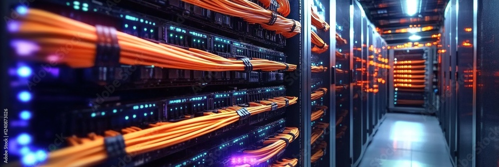 Poster data center with illuminated server racks and orange network cables in a modern technology environme