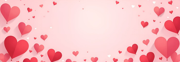 Valentine's Day greeting card with red hearts. Horizontal banner on a pink background. Space for the text.