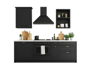 Sleek black cabinets and stainless steel stove in a modern kitchen design modern