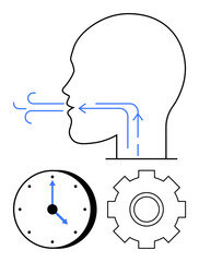 Human head outline with airflow arrows, clock, and gear symbolizing breathing techniques, time tracking, and operational efficiency. Ideal for health, productivity, engineering, workflow time