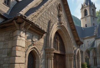Obraz premium Village church with steep pitched roof and ornate stone carvings, mountain village, historic church
