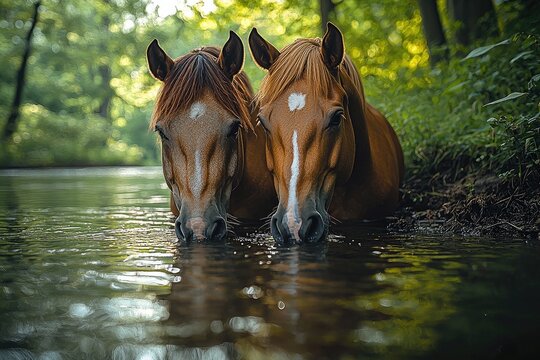 Two brown horses drinking water in a forest stream