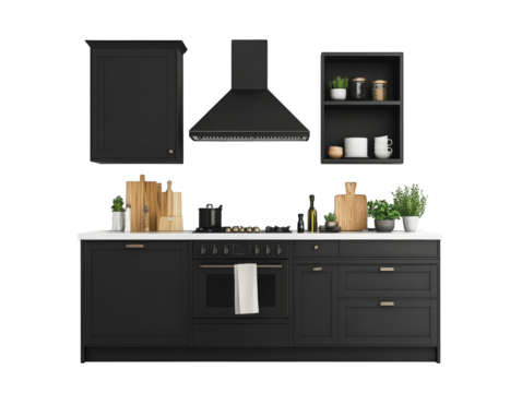 Sleek black cabinets and stainless steel stove in a modern kitchen design modern