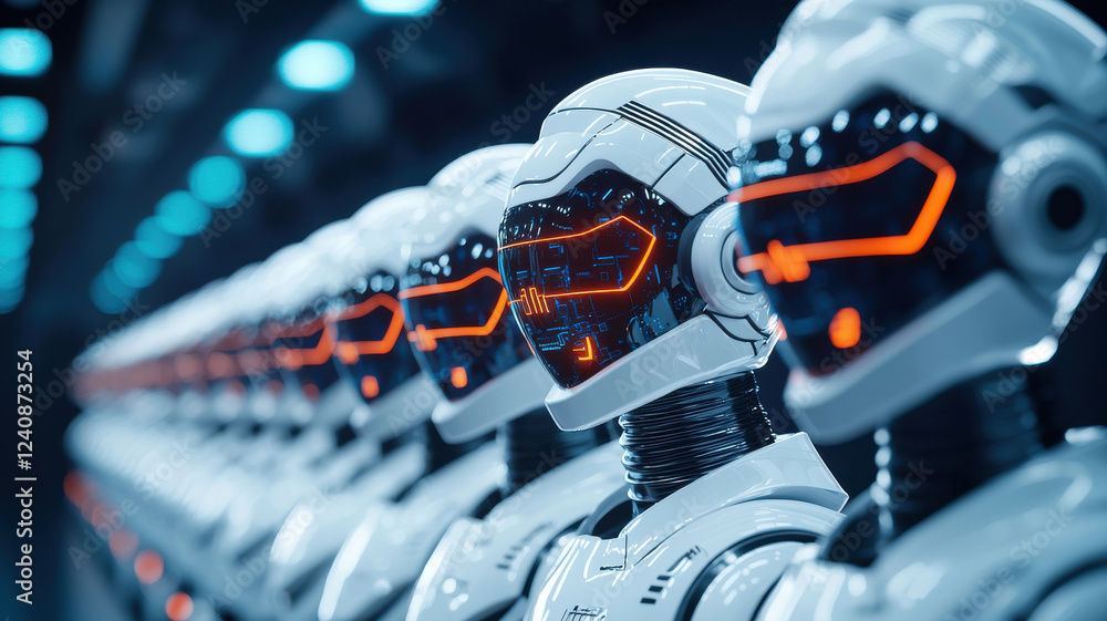 Aufkleber ai in business and industry concept, futuristic robots lined up in high tech environment, showcasing
