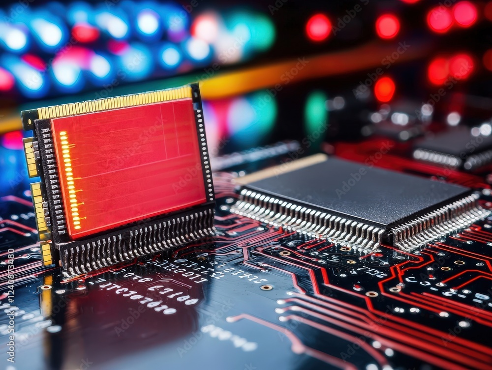Poster sleek design of recycled microchips on a dark and clean background with colorful lights reflected be
