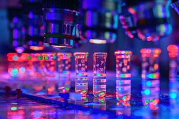 microscope biotechnology research on a molecular level, samples under a microscope with digital analysis, copy space wallpaper