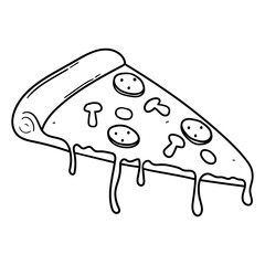 Hand drawn doodle slice of pizza with melted cheese on white background.