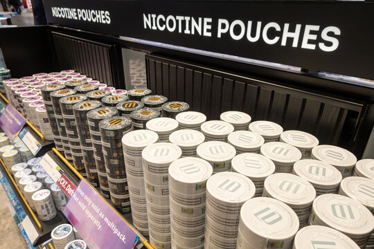 Stockholm, Sweden  Nicotine pouches for sale in a duty free shop at Arlanda Airport.