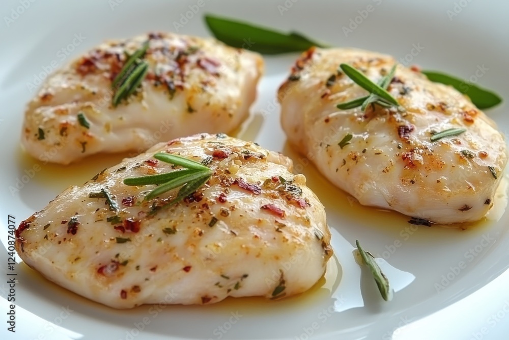 Poster freshly grilled raw chicken fillets with herbs on a plate highlighted by sharp depth and soft lighti