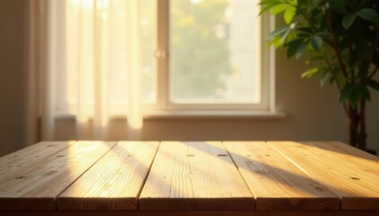 Warm wood grain table, soft window light, sheer curtain , cream, image, detail