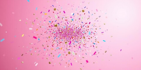Naklejka premium Vibrant confetti explosion against a pastel pink backdrop with glittering rainbow hues and shimmering gold accents, gold accents, confetti explosion, party background