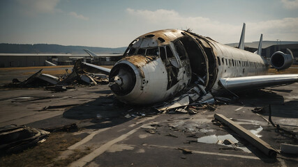 Crashed Boeing airplane in a snowy mountain setting with flames still burning from the wreckage.