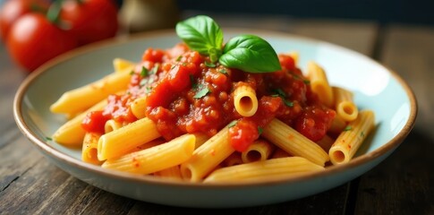 Penne pasta tossed with vibrant marinara sauce, fresh basil , cuisine, marinara