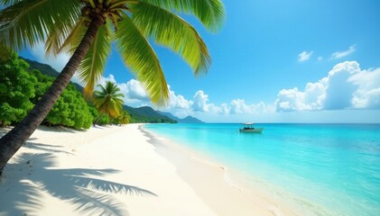 White sand beach, turquoise water, palm trees, holiday, travel, green