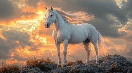 Obraz premium Majestic White Stallion at Sunset on Rocky Peak