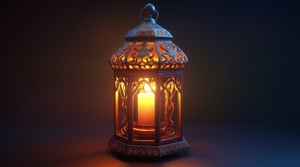 A beautiful Arabic lantern with a glowing candle illuminates the night. Use it as a festive greeting card or invitation for the holy month of Ramadan Kareem.