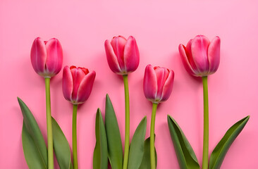 Fototapeta premium Tulips pattern. Tulips on the pink background. Postcard for March 8th, Mother's Day. Selective focus