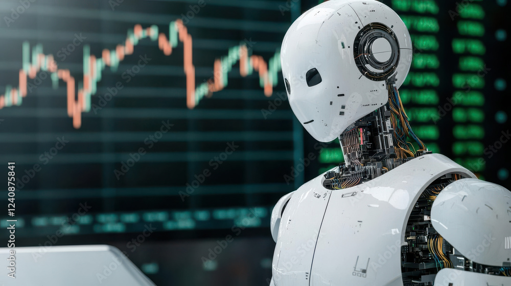 Poster ai in business and industry concept, ai driven trading robot analyzing stock market data with graphs