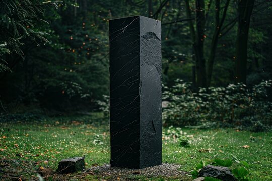 Black rectangular monolith standing in a green forest, evoking mystery and intrigue