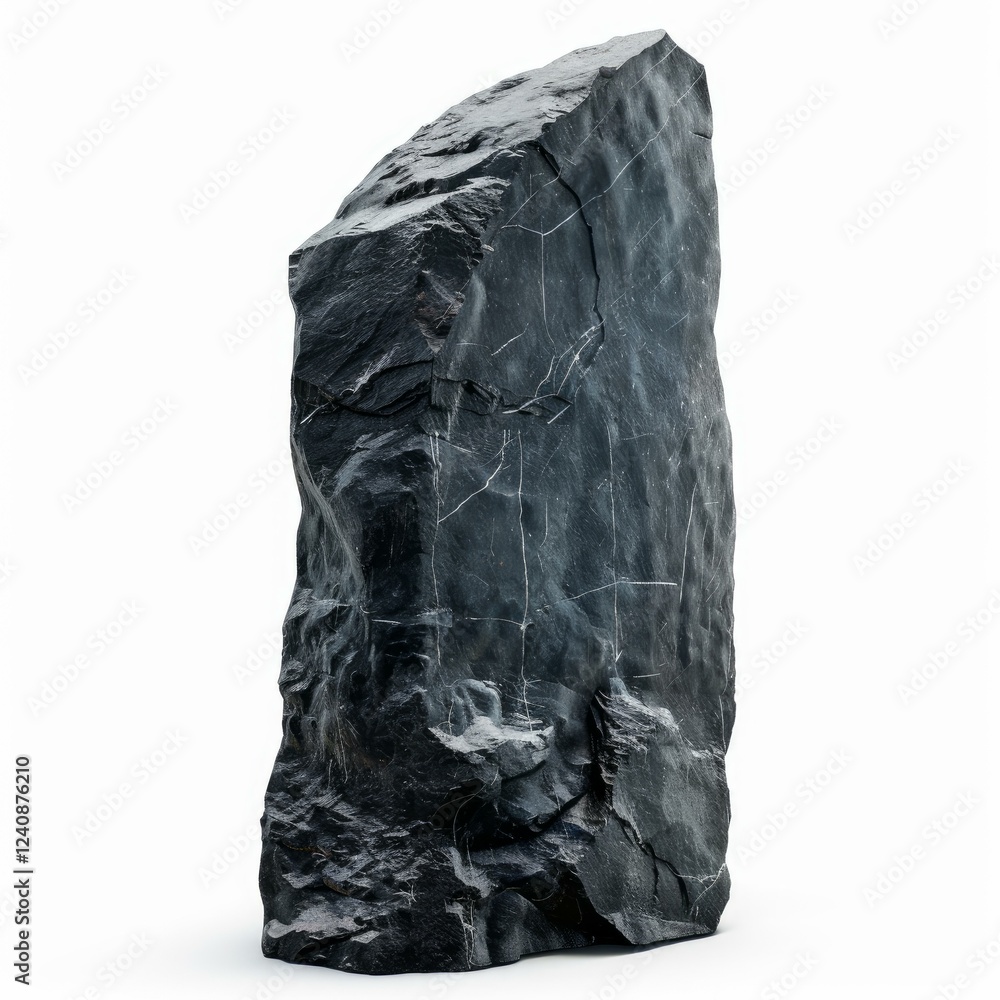 Poster dark rock isolated on white background, creating a stark contrast and highlighting its rough texture