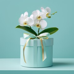 Minimalist product podium with white flowers on a pastel blue background. Perfect for branding, product showcase, or elegant marketing design. Elegant podium with delicate white flowers