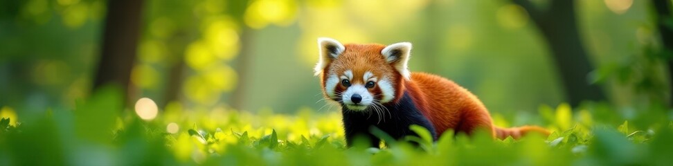 Fototapeta premium Red panda basking in sunlight amongst green foliage, green, zoo