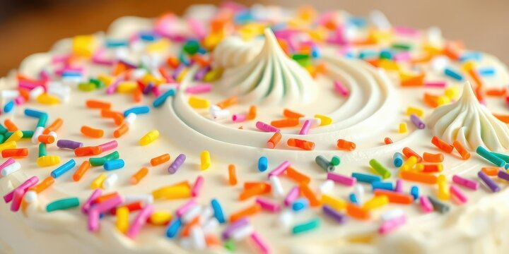 Vibrant birthday cake with swirled frosting and multi-colored sprinkles, birthday, festive, party decoration