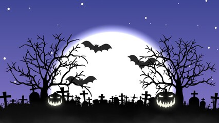 Halloween background with big moon, trees, flying bats and scary pumpkins. Scary night of halloween. 3d illustration