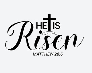 He is Risen. Christian phrase Easter theme text with bible verse and cross logo.