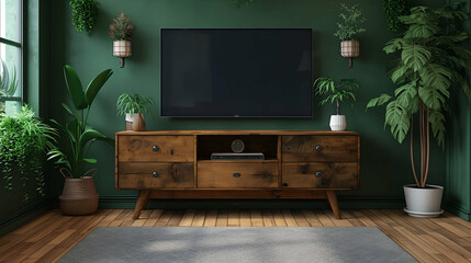 Rustic Living Room Design Green Walls with Wooden TV Stand, Cozy Plant Decor.