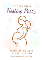 nesting party invitation card template with pregnant woman and baby toys