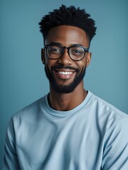 Obraz premium Happy Black man with glasses, a short afro, and a neatly trimmed beard, wearing a light blue sweater. Close-up portrait with a warm and confident expression.
