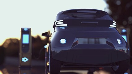 Electric car charging at a charging station. 3d illustration
