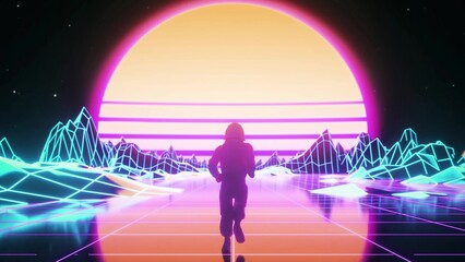 Astronaut runs surrounded by flashing neon lights. Music and nightclub concept. 3d illustration