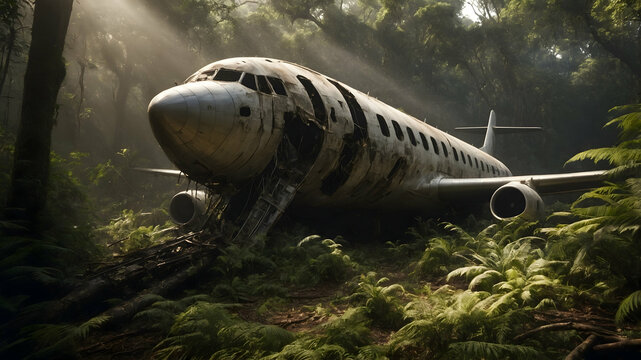 Boeing airplane wreckage abandoned deep in the jungle covered in moss and decay - Powered by Adobe