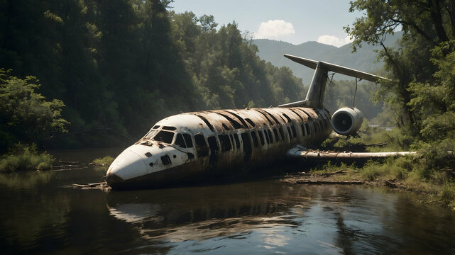 Partially submerged airplane wreckage in a calm reflective river surrounded by dense forest