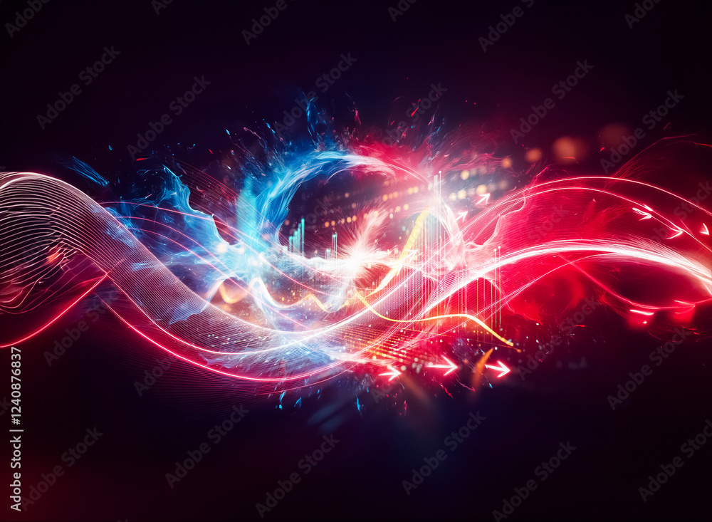 Poster a fiery red and icy blue energy sphere collides, creating a vibrant, abstract swirl of light and mot
