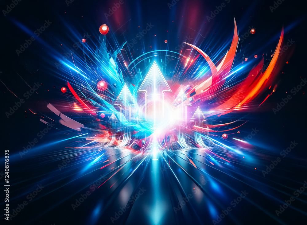 Aufkleber Abstract artwork depicting a dynamic collision of blue and orange energy, swirling in a vibrant explosion of light and color against a dark background.  Glowing spheres add to the intense visual effec