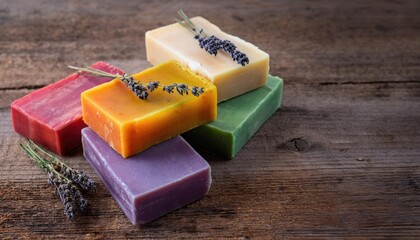 Assorted colorful handcrafted soap bars in purple green yellow orange and pink on rustic wooden surface with lavender herbs