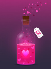 Magic love potion, glass bottle with magic potion with hearts