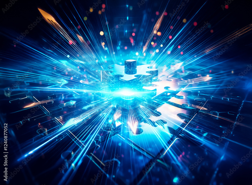 Poster a glowing, metallic puzzle piece sits at the center of a larger, reflective puzzle, surrounded by sp