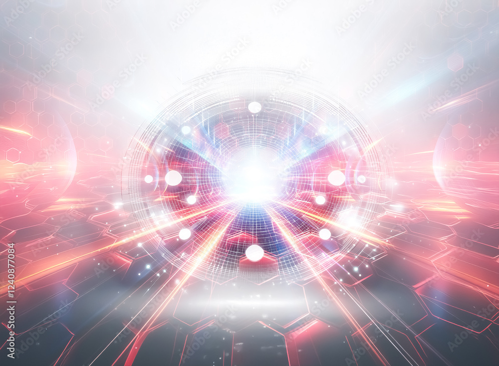 Poster abstract digital sphere glowing with interconnected nodes, radiating light and energy. futuristic te