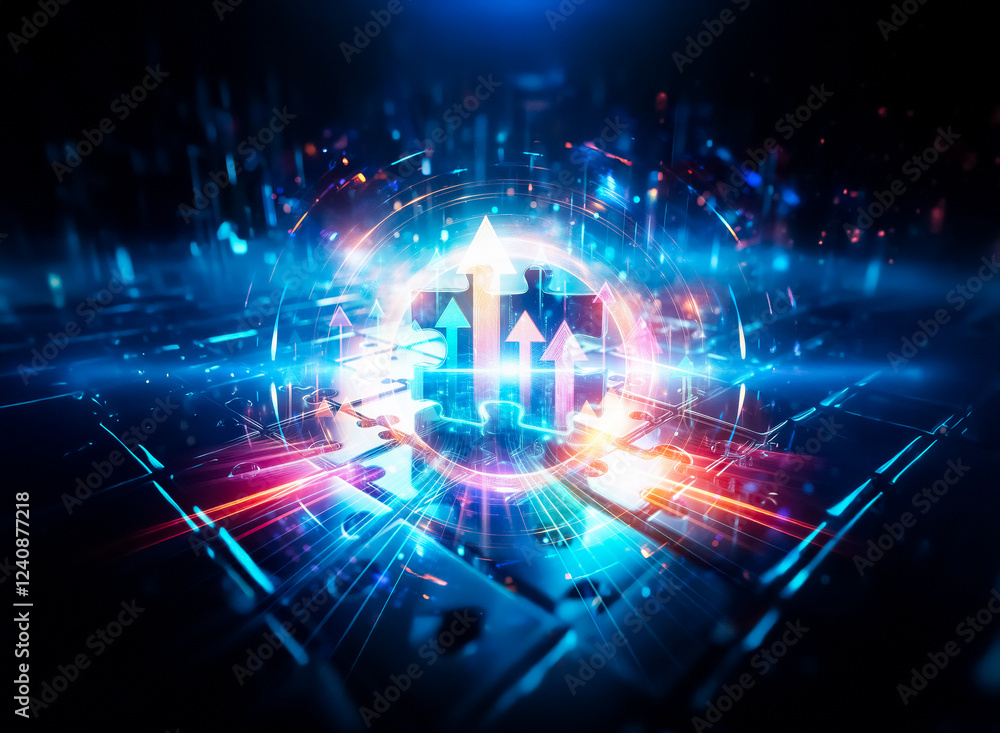 Poster a glowing blue puzzle piece rests on a metallic surface of smaller puzzle pieces, surrounded by a di
