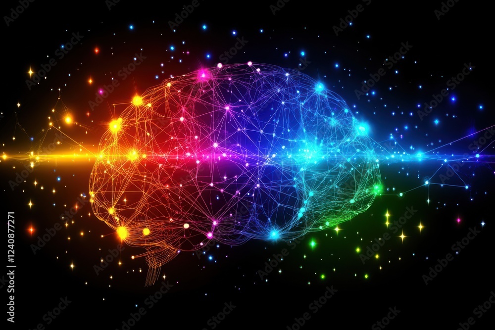 Poster glowing neural connections illustrating cognitive science concepts with digital glow effect on a bla