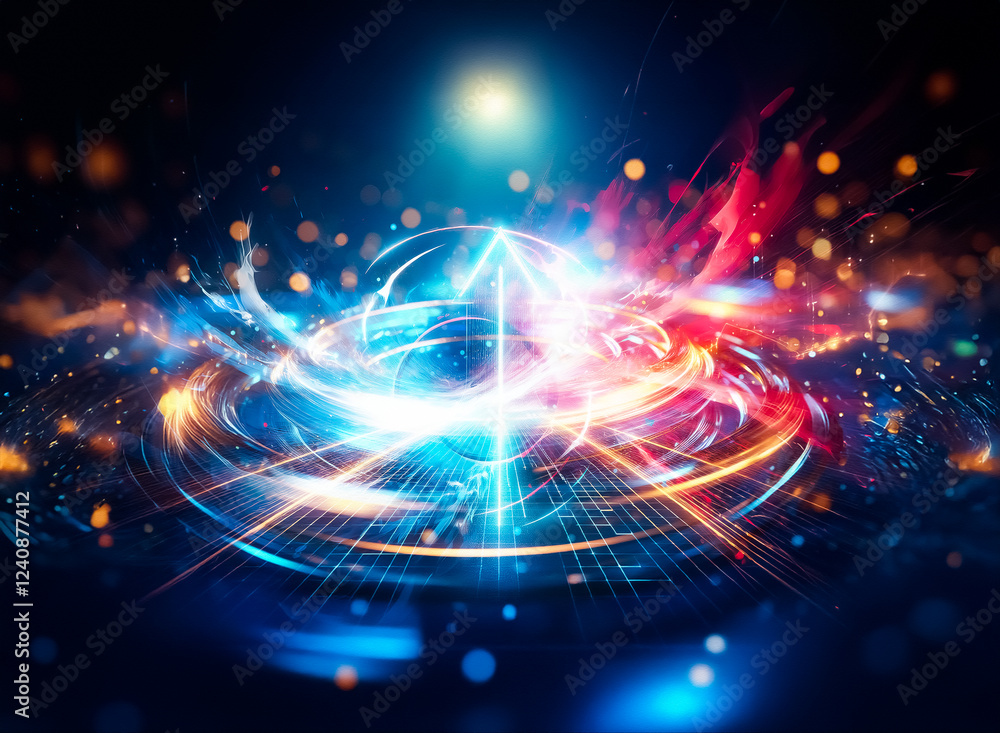 Poster abstract artwork depicting a clash of vibrant red and cool blue energy, swirling and colliding in a 