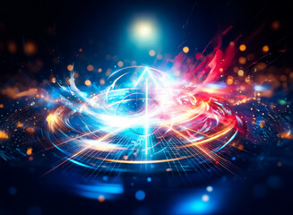 Abstract artwork depicting a clash of vibrant red and cool blue energy, swirling and colliding in a dark void.  The contrasting colors create a dynamic, intense visual.