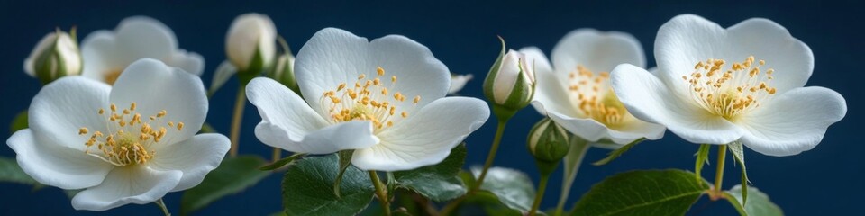 Wild Rose Blossoms On Blue A Photographic Study of Delicate White Petals and Yellow Stamens
