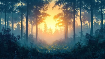 Misty Forest Sunrise, Sunbeams Through Trees, Yellow Wildflowers.