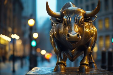 Bull statue in a financial district at night