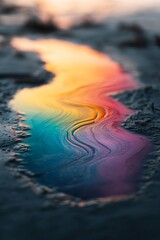 Fototapeta premium Vivid hues swirl together as an oil slick spreads across the water surface, reflecting light and creating a striking pattern. This industrial spill highlights environmental concerns in the area.